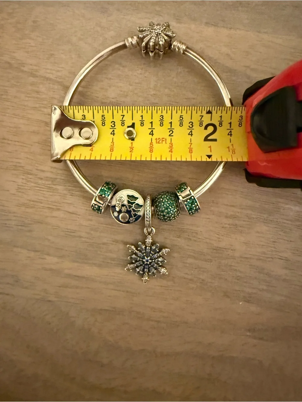Pandora Silver Bangle with Green Crystal clips and winter theme charms